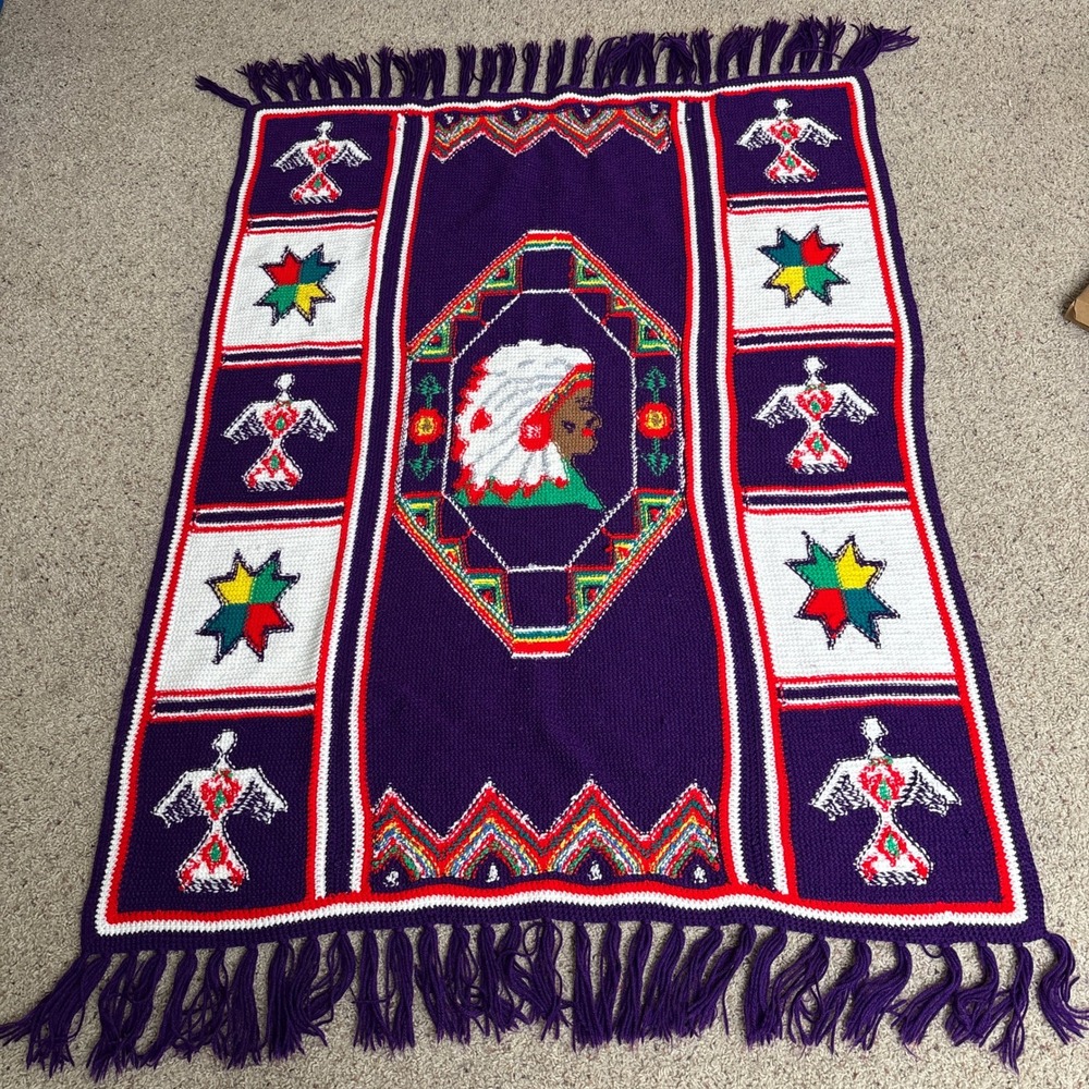 VTG Handmade Chief Crochet Afghan Throw Blanket Purple Thunderbird Star Fringe